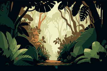 Tropical eco forest. Tropical forest horizontal panorama. Forest vector illustration.