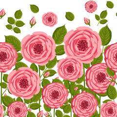 Seamless pattern with blooming roses. Vector floral illustration for postcard, poster, fabric, wrapping paper, decor etc. Flowers for spring and summer holidays. Festive template can add text.