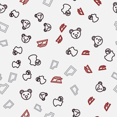 Set line Leather, Teddy bear plush toy, Sewing pattern and Electric iron on seamless pattern. Vector