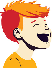 Head of happy young boy with red hair and orange t-shirt isolate on white background. Vector of little kid with vintage or retro style