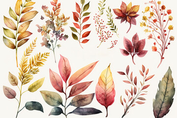 Floral Watercolor Illustration, Floral Motif Illustration Set (Generative AI)