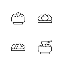 Set line Ramen soup bowl, Fish with sliced pieces, Chow mein on plate and Dumpling icon. Vector