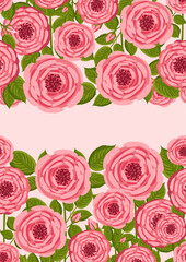 Seamless pattern with blooming roses. Vector floral illustration for postcard, poster, fabric, wrapping paper, decor etc. Flowers for spring and summer holidays. Festive template can add text.