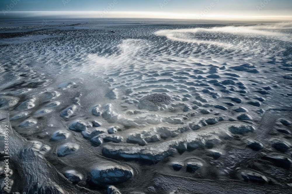 Poster frozen beach viewed from above with ice covering the sand and water created with generative ai techn