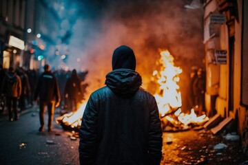 Demonstrators with burning streets and barricades. A man sees the burning street burning (Generative AI)