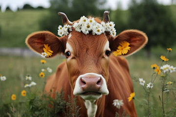 Generative Ai of a cow with a flower crown on a meadow.