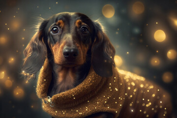 Generative AI of a cute dachshund in a sweater and santa hat. 
