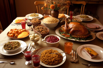 Thanksgiving country dinner table with turkey. Generative AI. 