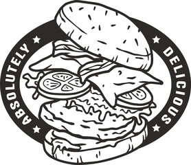 Burger with meat, cheese and vegetable for logo or emblem. American fast food or hamburger for poster. USA food with bun, lettuce, cheese, tomato, onion, cutlet for store.