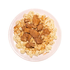 Pasta with meat and gravy.Pasta with meat background.Pasta with pieces of meat in sauce.