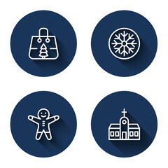 Set line Christmas shopping bag, Snowflake, Holiday gingerbread man cookie and Church building with long shadow. Blue circle button. Vector