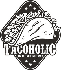 Taco vector with meat and vegetable for logo or emblem. Traditional mexican fast food. Tacos Mexico food with tortilla, leaves lettuce, cheese, tomato, forcemeat, sauce.