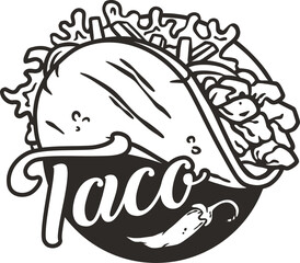 Taco vector with meat and vegetable for logo or emblem. Traditional mexican fast food. Tacos Mexico food with tortilla, leaves lettuce, cheese, tomato, forcemeat, sauce.