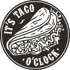 Taco vector with meat and vegetable for logo or emblem. Traditional mexican fast food. Tacos Mexico food with tortilla, leaves lettuce, cheese, tomato, forcemeat, sauce.