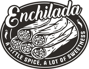 Obraz premium Mexican enchilada vector food with meat and rolled tortilla. Mexico logo or emblem of traditional enchilada or latin food.