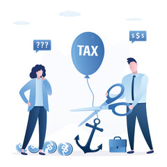 Banker using scissors cuts debt load of borrower. Loan restructuring. Bankruptcy, concept. Female client bankrupt consult with accountant. Debt burden, lack of finance. Economic troubles.