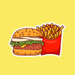 sticker set with hamburger and fries. Vector bright cartoon icon with fast food