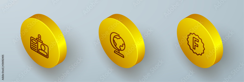Poster set isometric line identification badge, earth globe and exam paper with incorrect answers icon. vec