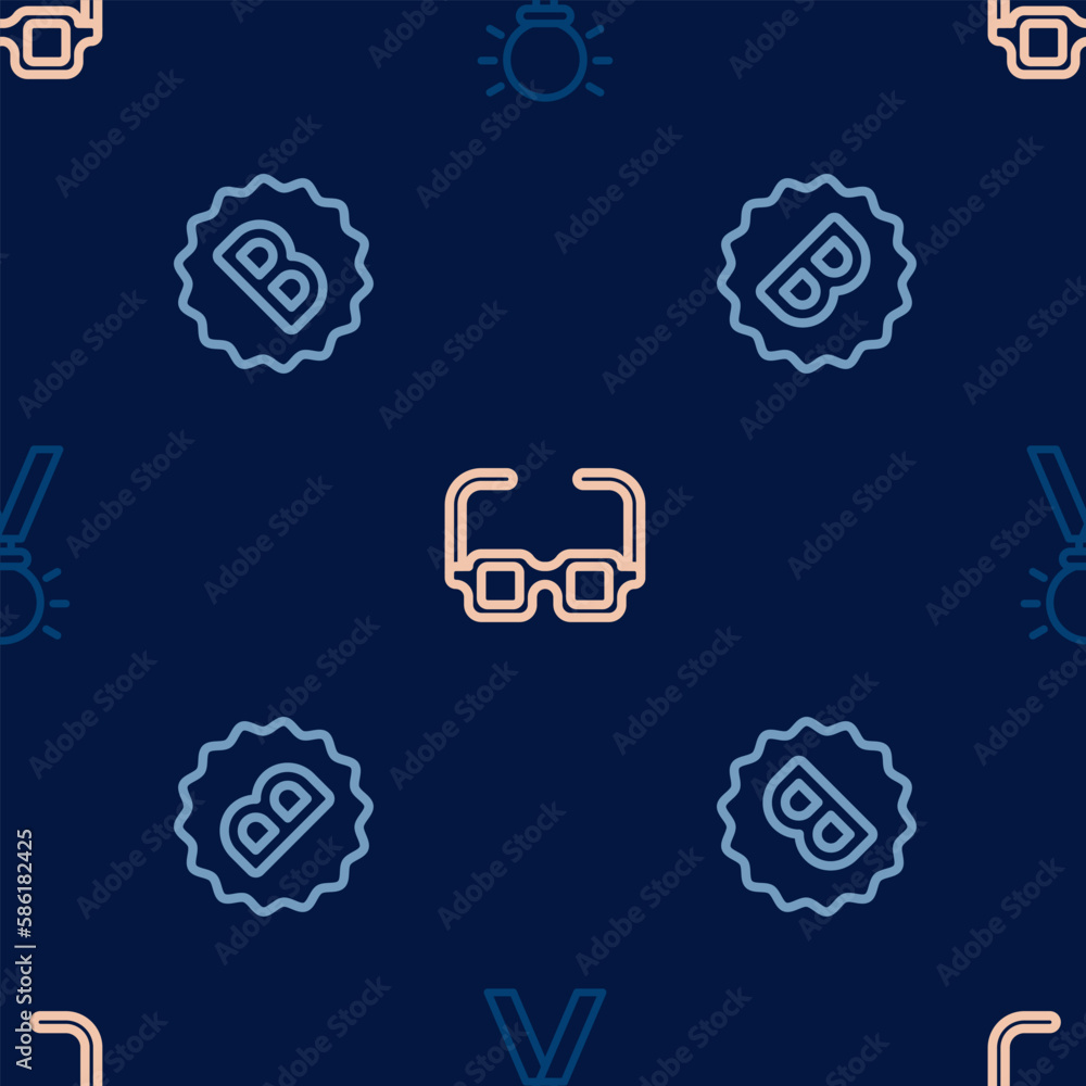 Poster set line medal, exam paper with incorrect answers and glasses on seamless pattern. vector