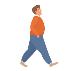Fototapeta na wymiar Walking fat boy. Chubby man going for a walk, obese people vector cartoon illustration