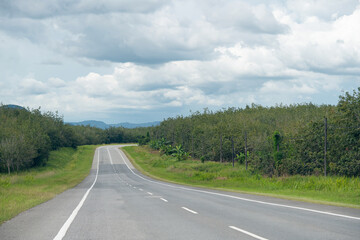 Country highway running curve toward the end of the road in cloudy day