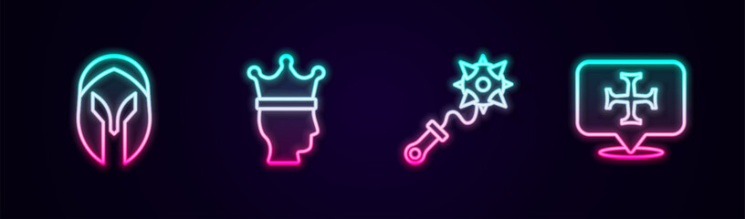 Set line Medieval helmet, King crown, Mace with spikes and Crusade. Glowing neon icon. Vector