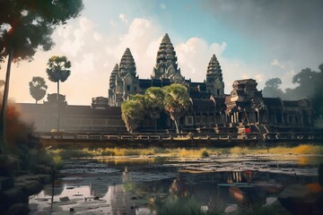 Fototapeta premium Angkor Wat Cambodia Illustration Colorful Painting. Generative AI