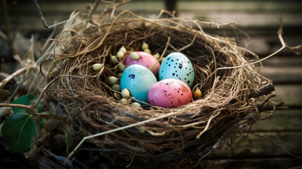 Naklejka na ściany i meble Easter eggs inside nest is a decoration for spring holiday Generative Art