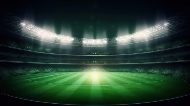 universal grass stadium illuminated by spotlights and empty green grass playground. Generative AI