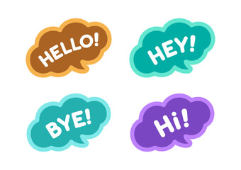 Cute Hello and Bye greeting speech bubble icon set. Simple flat vector illustration.