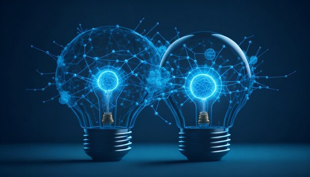 Illuminating Innovation: Two Smart Light Bulbs and a Brain on a Networked City Background. AI Image