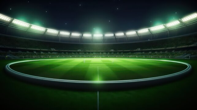 universal grass stadium illuminated by spotlights and empty green grass playground. Generative AI