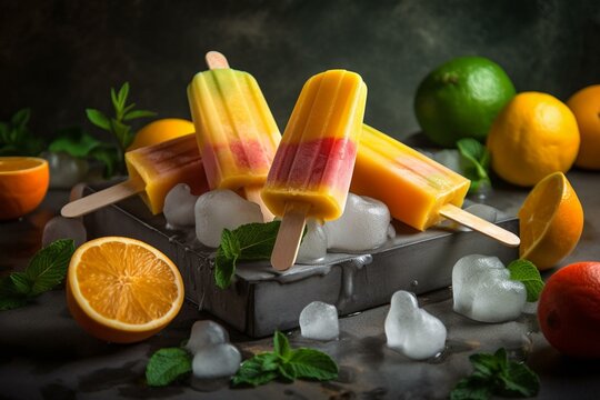 Citrus Frozen Popsicles On Ice. Cold Summer Fruit Sweets. On A Stone Background. Generative AI