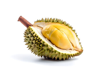 Obraz premium Fresh Cut Durian Fruit Isolated on White Background: AI Generated Image
