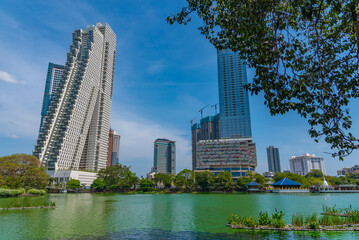 Skyline of Colombo behind South Beira lake, Sri Lanka