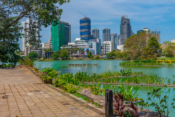 Skyline of Colombo behind South Beira lake, Sri Lanka