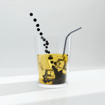 Glass of whiskey with ice cubes on white background 3d render illustration