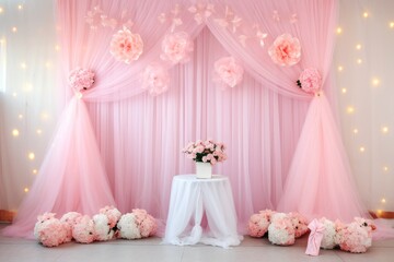 Wedding white wall background with hanging pink tone tulle and twinkle lights and flowers Generative AI Illustration