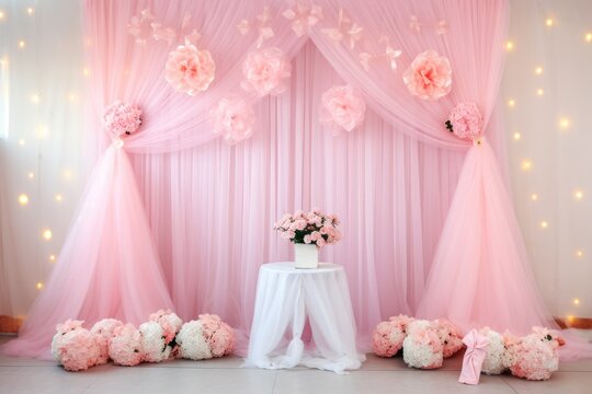 Wedding white wall background with hanging pink tone tulle and twinkle lights and flowers Generative AI Illustration