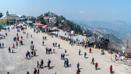 The Ridge road is a large open space, located in the center of Shimla, the capital city of Himachal Pradesh, India - obrazy, fototapety, plakaty