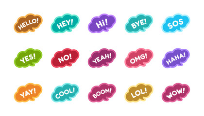 Cute speech bubble with short phrases hello, bye, yes, no, yay, cool, wow, haha icon set. Simple flat vector illustration.