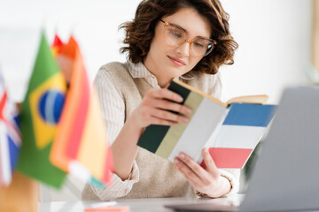 pretty language teacher in glasses reading French dictionary book near international flags on...