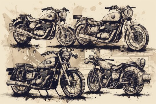 Illustration of three motorcycles parked side by side created with Generative AI technology