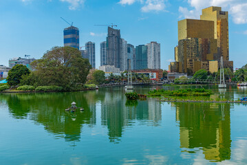 Skyline of Colombo behind South Beira lake, Sri Lanka