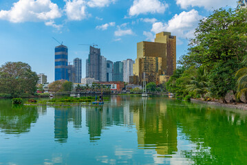 Skyline of Colombo behind South Beira lake, Sri Lanka