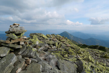 Stones covered with lichen in Gorgany - mountain range in Western Ukraine