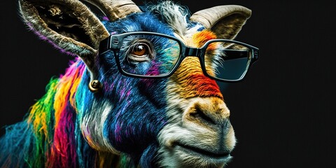 Cheerful goat with glasses isolated on dark background. Cool, smart goat, a pop art funk art painting. Generative AI