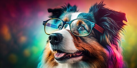 Cheerful dog with glasses on colorful background. Cool, smart dog. Generative AI