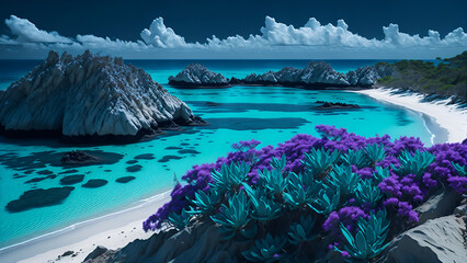 Turquoise blue beach bay with white sand beach. AI generated illustration