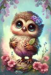 Obraz premium Whooo could resist this adorable baby owl surrounded by pastel flowers in a dreamland? 🦉🌸💫